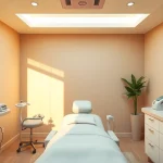 Aesthetic treatments room with modern design showcasing a comfortable treatment chair and skincare products.