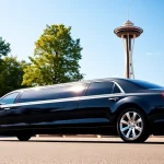 Luxury vancouver to seattle limo parked at a landmark with a picturesque background.