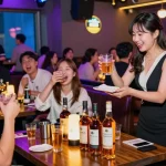 Exciting Jeju nightlife scene showcasing 제주도유흥, karaoke guests enjoying drinks with a stylish hostess among colorful whiskey bottles.