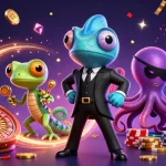 Play and win exciting games with rokok88 in this vibrant 3D casino scene featuring colorful characters and rich gaming elements.