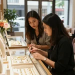 He has a good point about jewelry trends while shopping in an elegant boutique