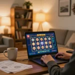 Engaging in situs slot gameplay on a laptop in a cozy living room for a thrilling online experience.