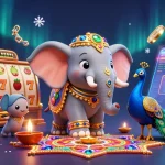 Engage with exciting slot games featuring colorful elephant and peacock alongside glowing crypto coins.