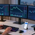 Legit cloud mining platform trading scene with cryptocurrency data on multiple monitors in a modern workspace.