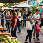 Vibrant urban shopping market scene at https://forumup.org/shop/search.php?ca_id=&addr1=&addr2=&addr3=&schKeyword showcasing local produce and crafts.