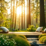 Relax at a wellness retreat surrounded by nature, featuring a serene meditation area under soft sunlight.