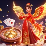 Experience excitement at XX88 with a vibrant 3D scene of a Vietnamese ao dai character amidst casino magic.