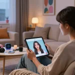 Engaging NSFW AI chat interaction on tablet in a cozy modern living room.