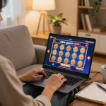 Engaging in situs gacor slot gaming at home on a cozy sofa with vibrant graphics.
