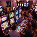Players activating vibrant slot depo 10k machines, feeling the thrill of anticipation in a lively casino atmosphere.