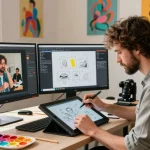 Engaging scene of an artist in a creative workspace generating AI prompts for image creation