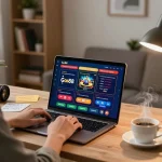Tham gia vào gameplay chiến lược trên Go88 qua một thiết lập trực tuyến hiện đại tại nhà, trưng bày máy tính xách tay và môi trường chơi game.