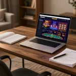 Nohu90 online gaming setup showcasing a laptop with vibrant casino games and personalized strategy notes.