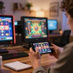 Engaging online gaming session with slot gacor siang ini on multiple screens, showing winning actions in a cozy setting.