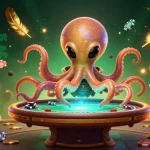 Gagnez aux casinos en ligne avec cette illustration dynamique d'une pieuvre extraterrestre et son robot compagnon.