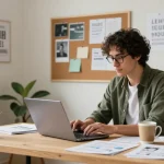 Self-employed professional working on a laptop in a stylish home office, showcasing productivity and creativity