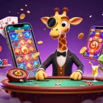 Experience the excitement of slot togel resmi with a lively giraffe, monkey, and chameleon in a vibrant casino scene.