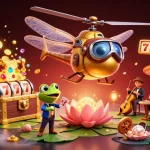 Casino français en ligne : Pilote libellule et croupier grenouille dans un casino dynamique.
