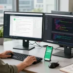 WhatsApp電腦版 showcased on a modern workspace with dual monitors and productivity tools, highlighting efficiency.