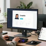Engaging AI development scene featuring CrushOn app designer showcasing innovative character chats in a creative workspace.