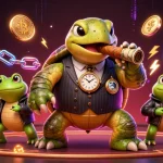 KAPTEN189 menampilkan karakter kartun kasino tersenyum yang dikelilingi elemen slot dan koin cryptocurrency.