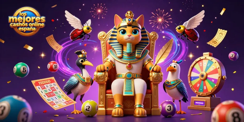 Ilustra los mejores casinos online España, mostrando un gato faraónico y elementos de juego vibrantes.