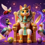 Ilustra los mejores casinos online España, mostrando un gato faraónico y elementos de juego vibrantes.