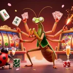 Spin the slot reels with a 3D mantis dealer and ladybug pit boss in this vibrant casino scene.