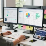 Person analyzing data on how to find profitable niches online in a modern workspace with charts and notes.