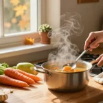 Köstliche klare Suppe, die in einer gemütlichen Küche zubereitet wird, mit frischen Zutaten und einer einladenden Atmosphäre.