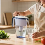 Health-conscious individual pouring from Filterlogic NSF Certified Pitcher Water Filter in bright kitchen, embodying wellness.