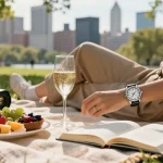 Person enjoying a sunny park day while showcasing a stylish replica watch among gourmet snacks.