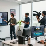 Dynamic team engaged in corporate video recording SG in modern studio setting with cameras and editing gear.