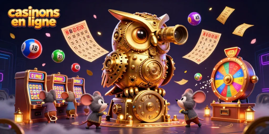 Casinos en ligne : Plongez dans un univers magique avec un hibou doré et des éléments de jeu dynamiques.