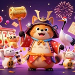Engage with Casino ko66 in a vibrant 3D illustration depicting a cheerful tanuki, crane, and lucky cats amid festive gaming elements.