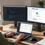 Learn dependency injection with Hilt in a vibrant software development workspace featuring Kotlin code on dual monitors.