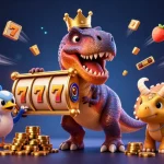 Slot minimal depo 10k menampilkan T-Rex ramah yang bermain slot, dilengkapi simbol keberuntungan dan koin emas.