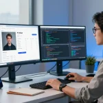 Engaged user analyzing results from the ai image checker on multiple screens in a modern tech workspace.