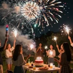 Group of friends enjoying fireworks celebration, showcasing cheap fireworks near me in vibrant night sky.