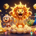 Experience LLWIN's thrilling gaming adventures with a 3D roaring lion, golden treasure, and dynamic casino elements.