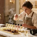 Xerjoff perfume blending in a luxury boutique with rare ingredients.