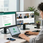 Using WhatsApp電腦版 on a laptop in a modern office workspace.