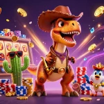 Experience winning with slot77 as a T-Rex cowboy, dazzling slot reels, and colorful chips.