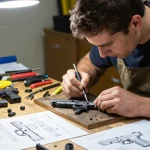 Gunsmith customizing Glock slides at precision workshop showcasing expertise and tools for https://precisionglockslides.com.