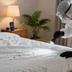 Bed bug exterminator inspecting a residential bedroom for signs of bed bugs.