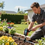 Professional Irrigation Services in Haslet, TX technician inspecting efficient drip irrigation system in sunny garden