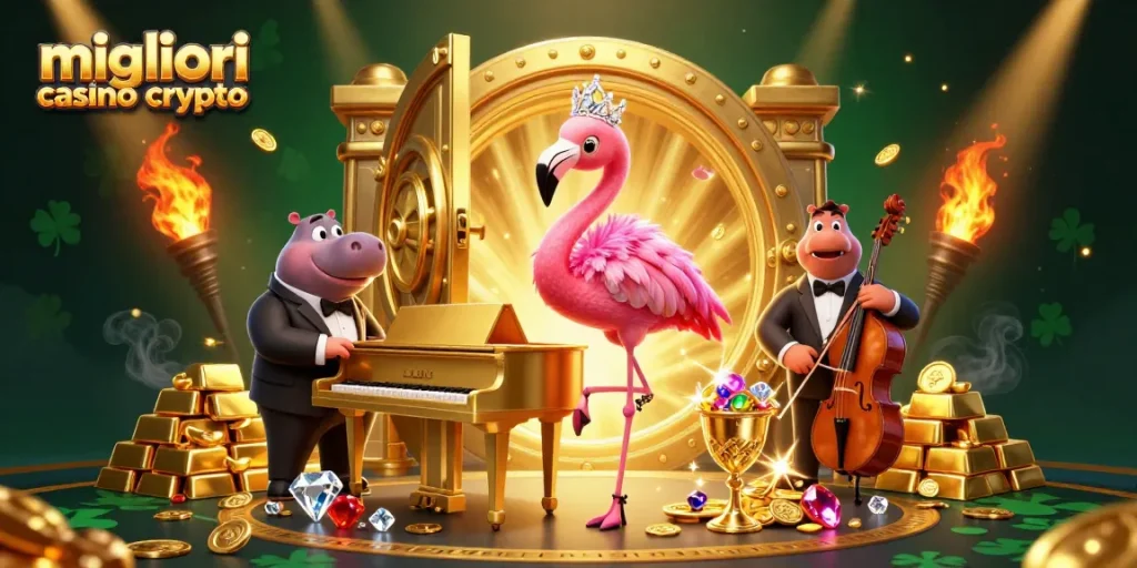 Scopri i migliori casino crypto con una cantante flamingo e un bassista ippopotamo in un ambiente festoso e ricco di tesori.