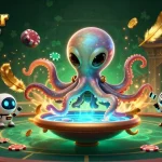 Jouez à coinpoker france avec des personnages de science-fiction autour d'une table de poker holographique.