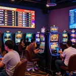 Engaging slot depo 1k gaming scene with players at vibrant digital casino, showcasing excitement and colorful displays.