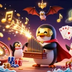 Jouer au blackjack en ligne avec un pingouin fantôme et des éléments de casino animés.
